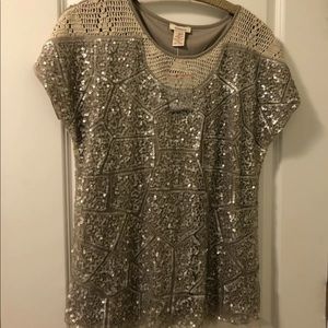 Sundance Full Sequin Tan with Crochet Bodice-Art to Wear Top Sz L-